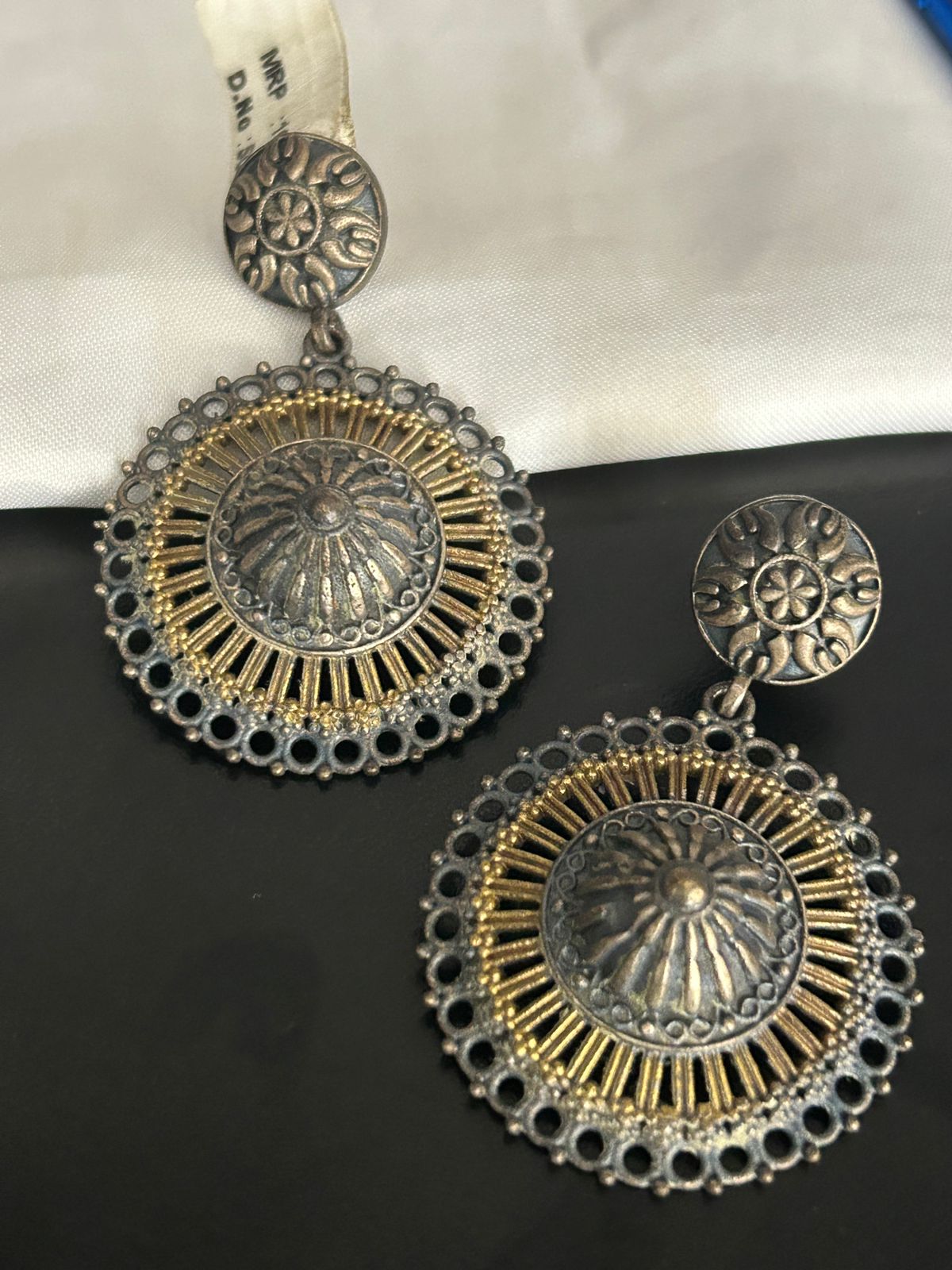 Antique Oxidized Round Earrings with Golden Detailing – Boho Ethnic Jewelry